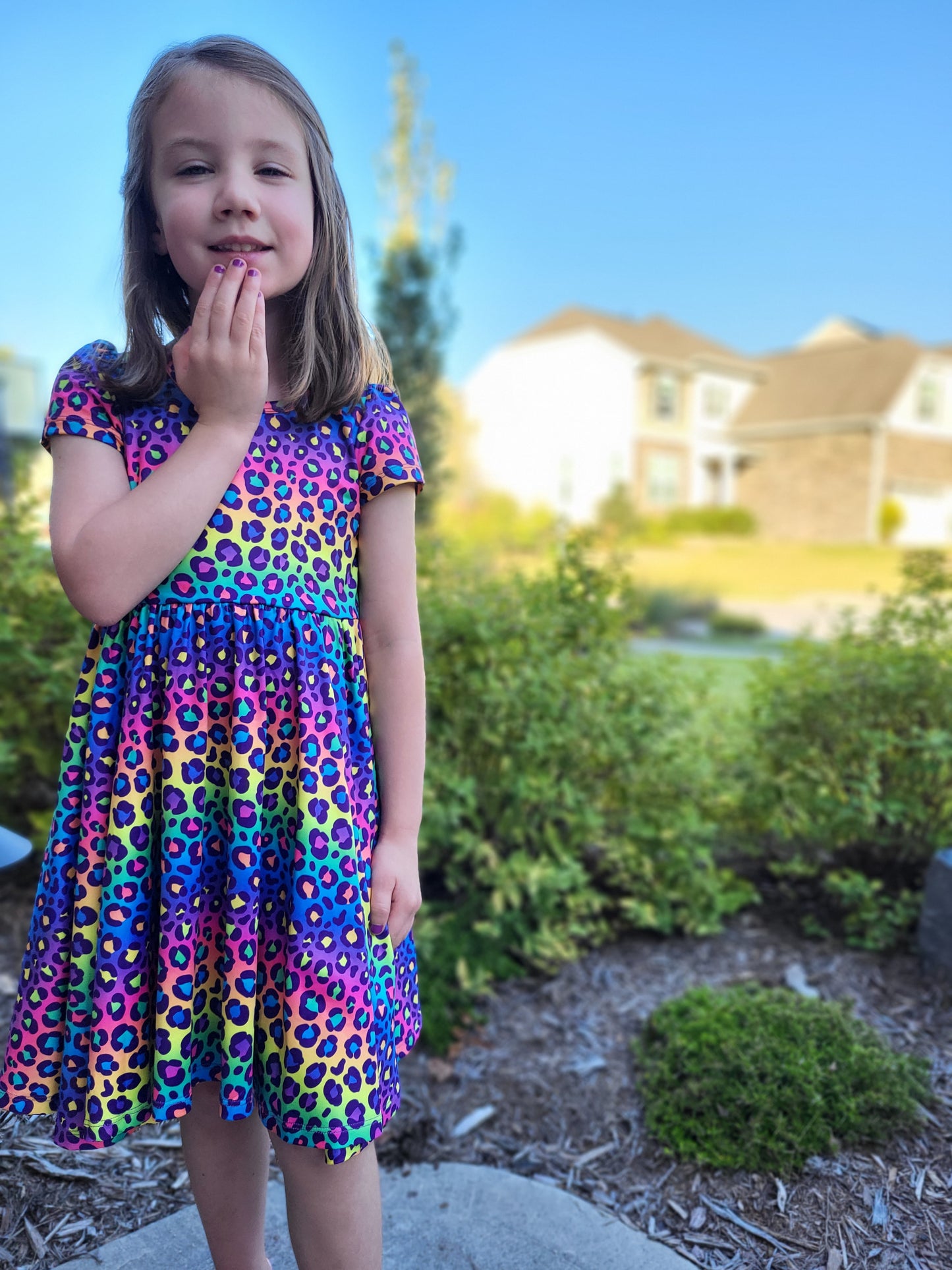 Charlie's Project Rainbow Leopard Short Sleeve Hugs Twirl Dress