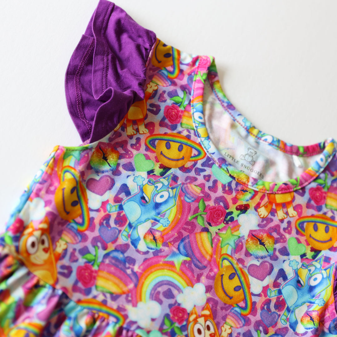 Little Snuggles Retro Pups Flutter Sleeve Bamboo Dress