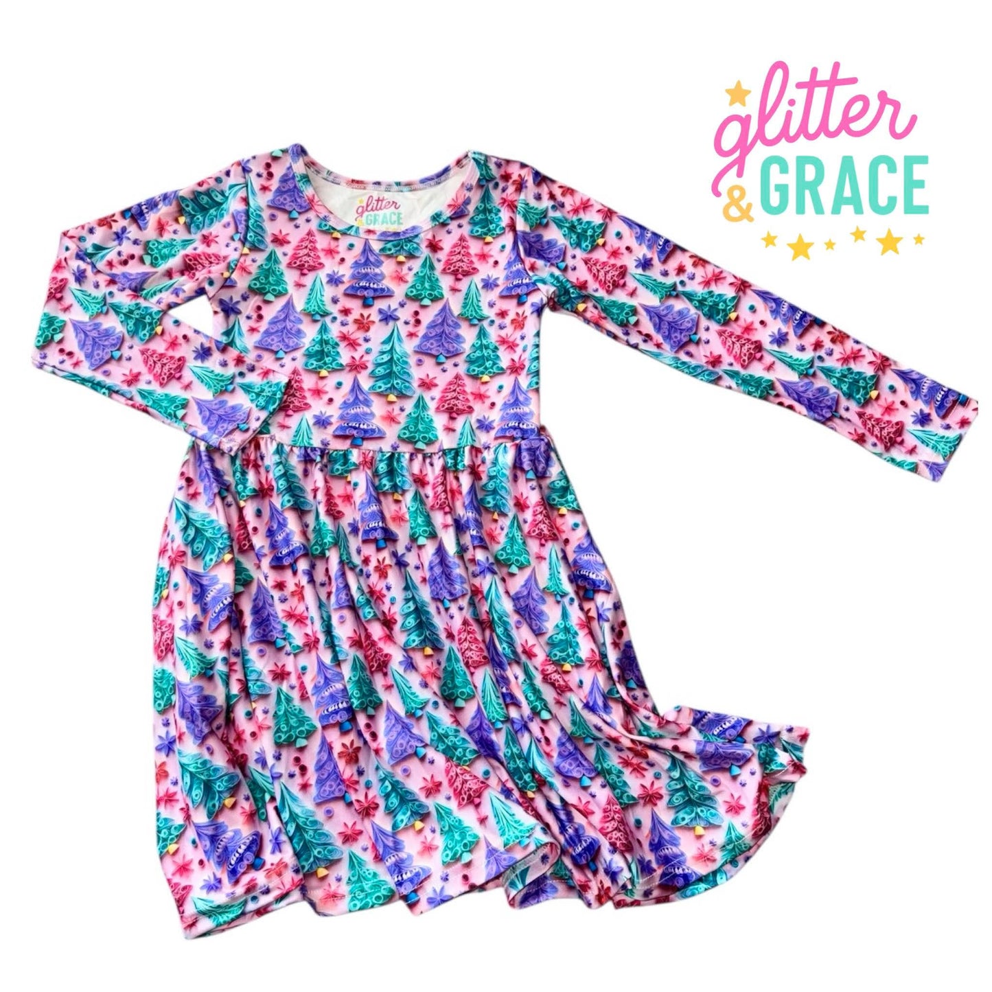 Crafty Pink Trees Long-Sleeve Dress