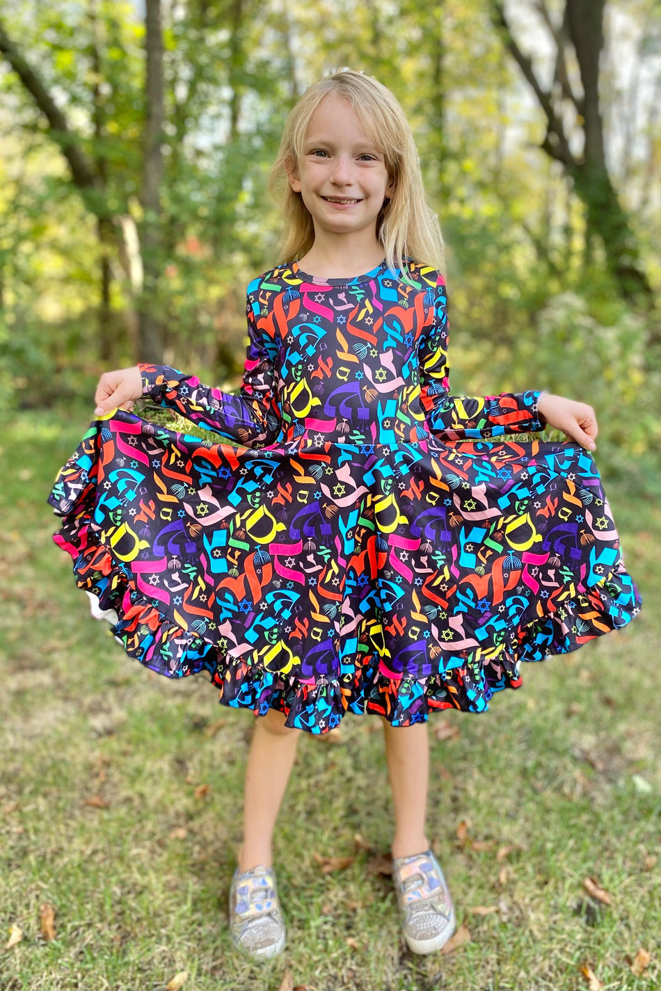 Twirly Rainbow Hebrew Letters Hanukkah Dress