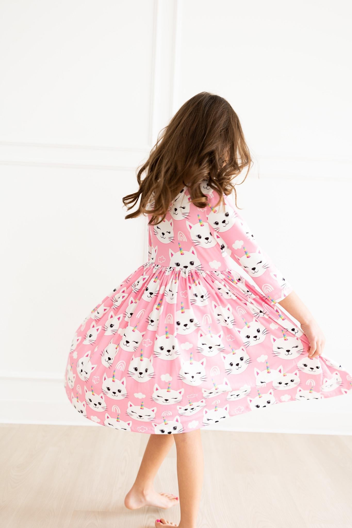 Mila & Rose Unicorn Kitties 3/4 Sleeve Pocket Twirl Dress