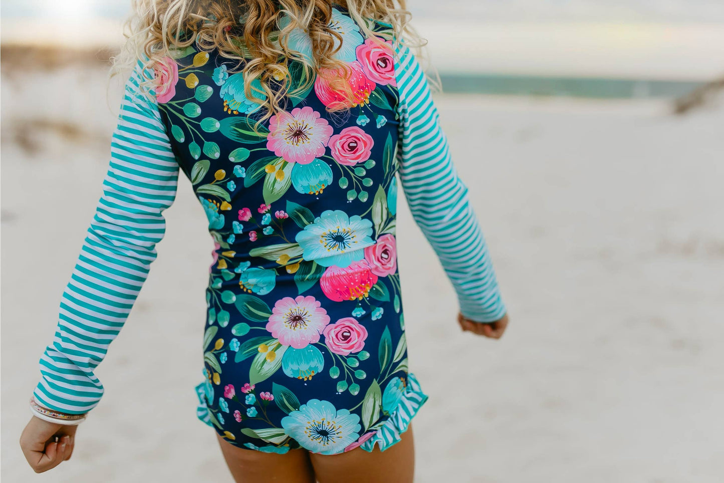 Navy Teal Stripe Floral Zip Rash Guard One-piece Swimsuit