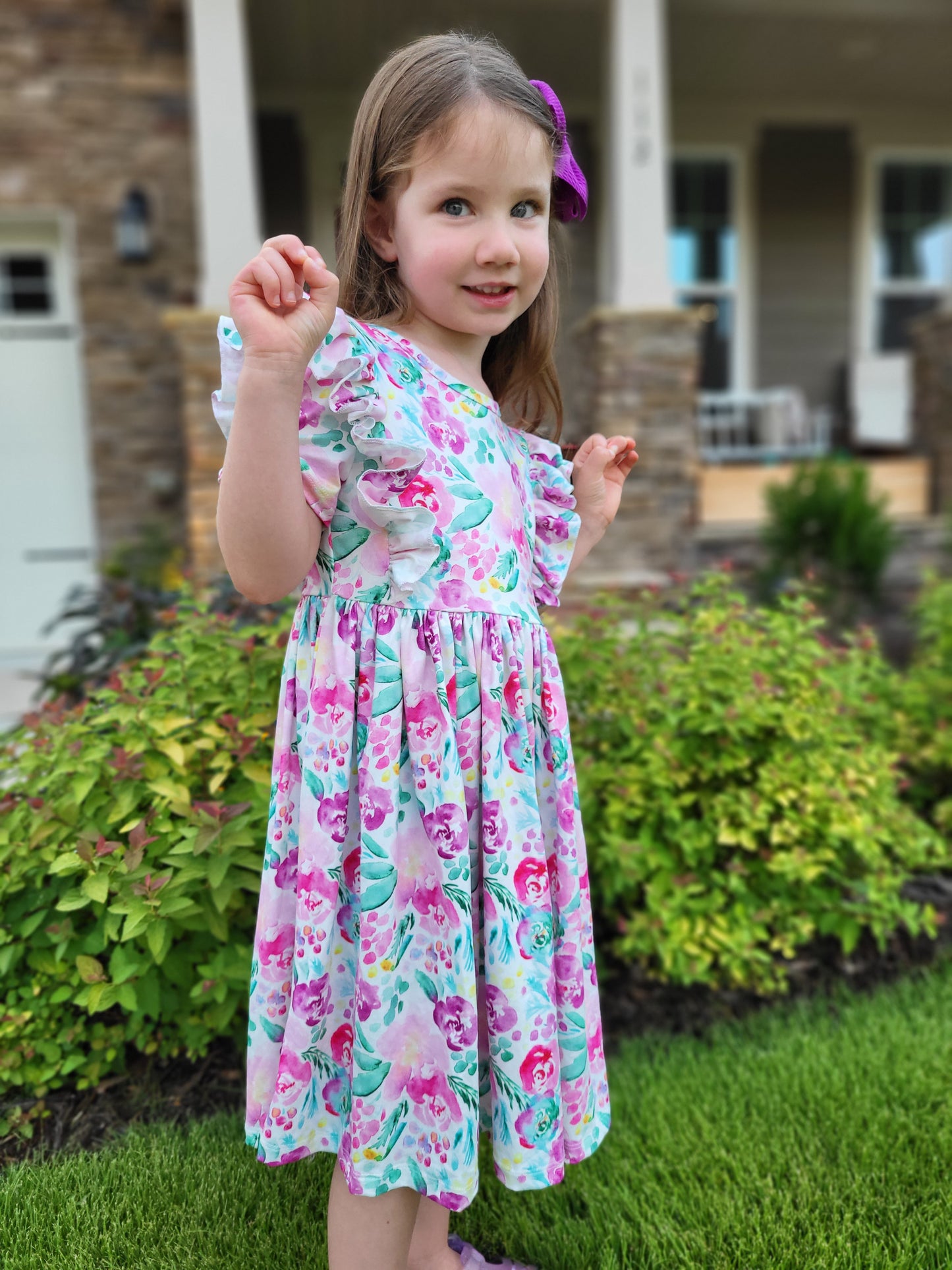 Mila & Rose Watercolor Blooms Short Sleeve Ruffle Twirl Dress