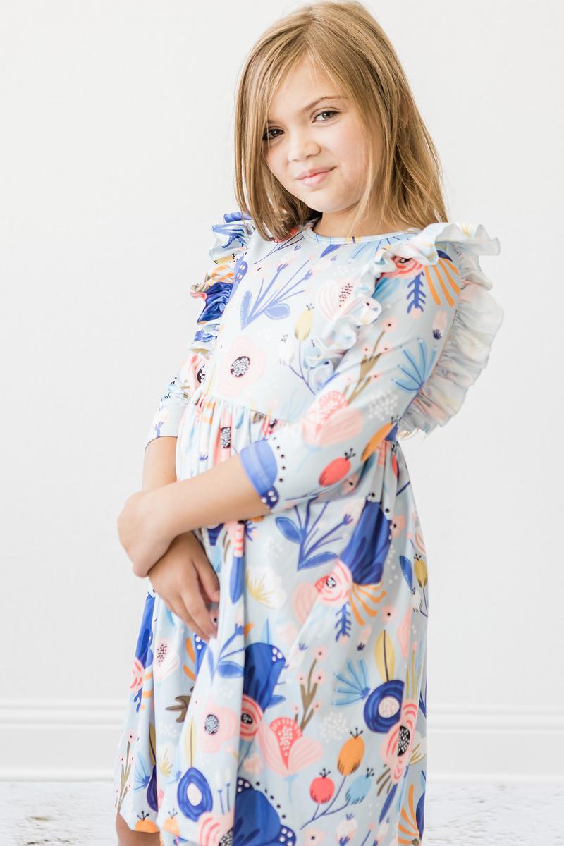 Mila & Rose Blue Peony 3/4 Sleeve Ruffle Twirl Dress