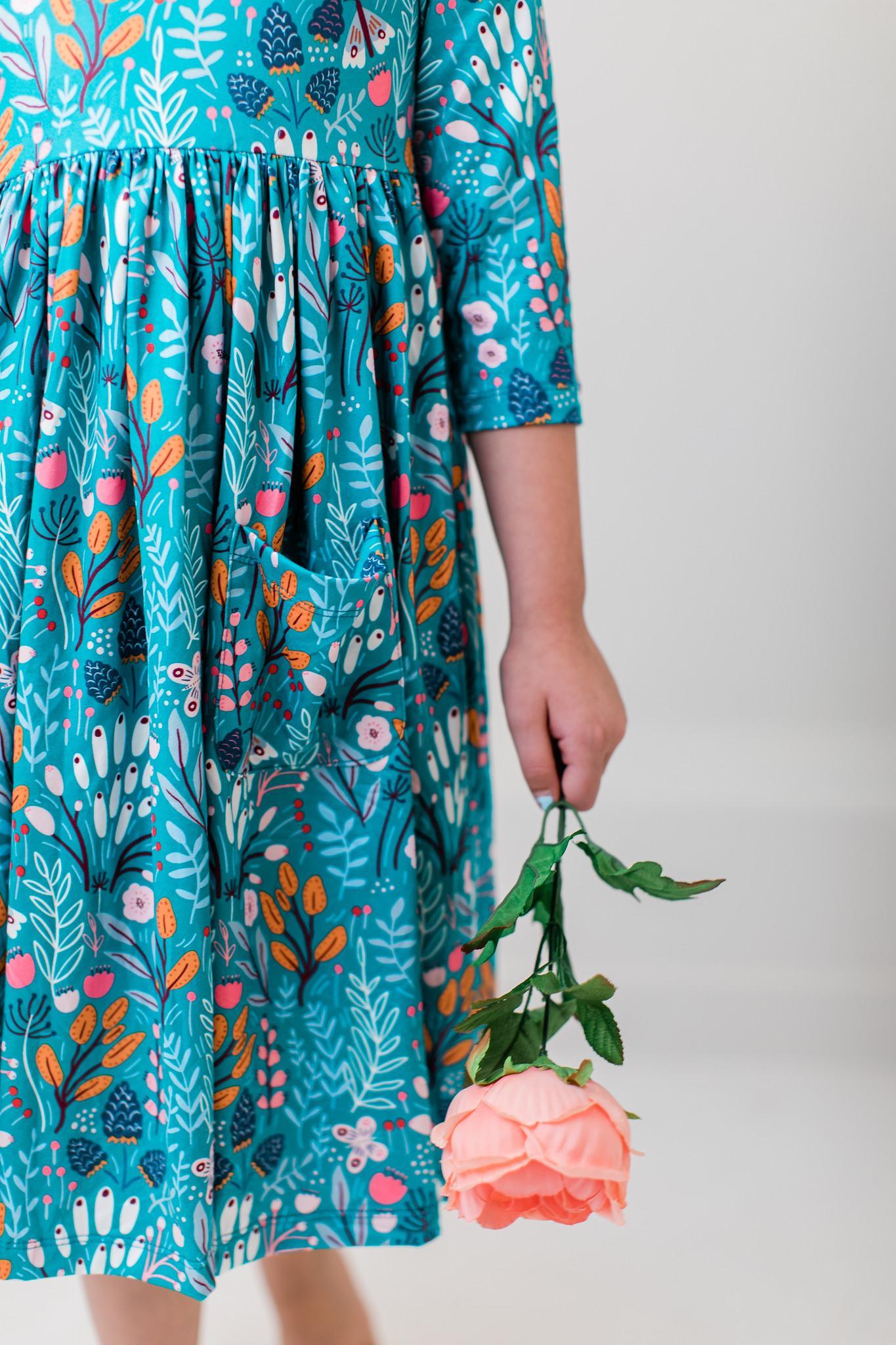 Mila & Rose Bouquet of Flowers 3/4 Sleeve Pocket Twirl Dress