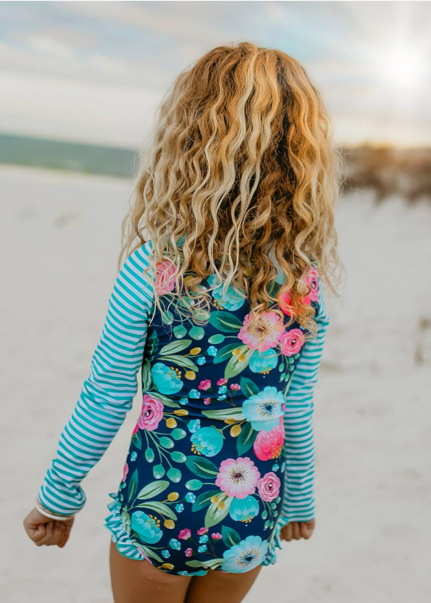 Navy Teal Stripe Floral Zip Rash Guard One-piece Swimsuit
