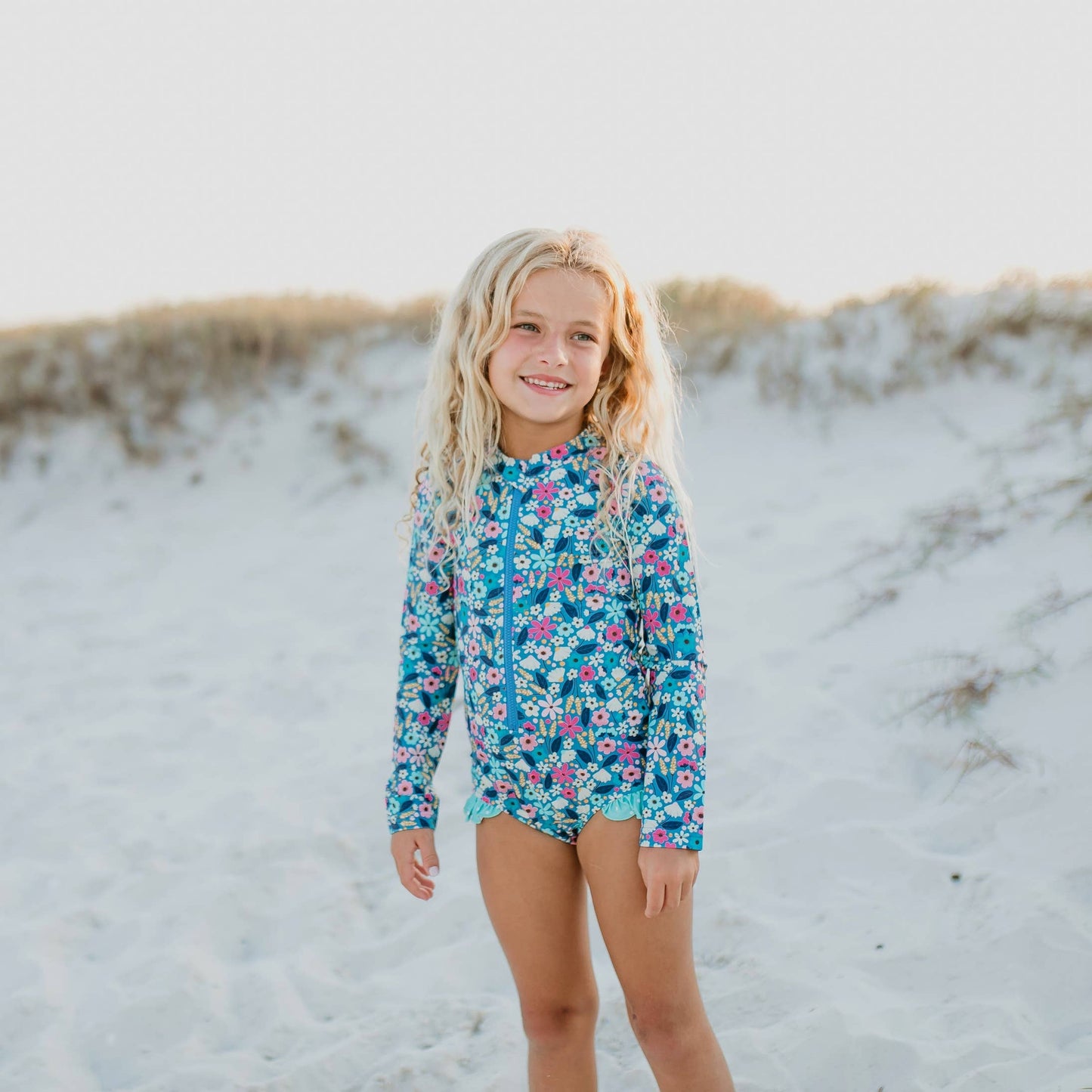 Blue and Pink Tiny Floral Zip Rash Guard One-piece Swimsuit