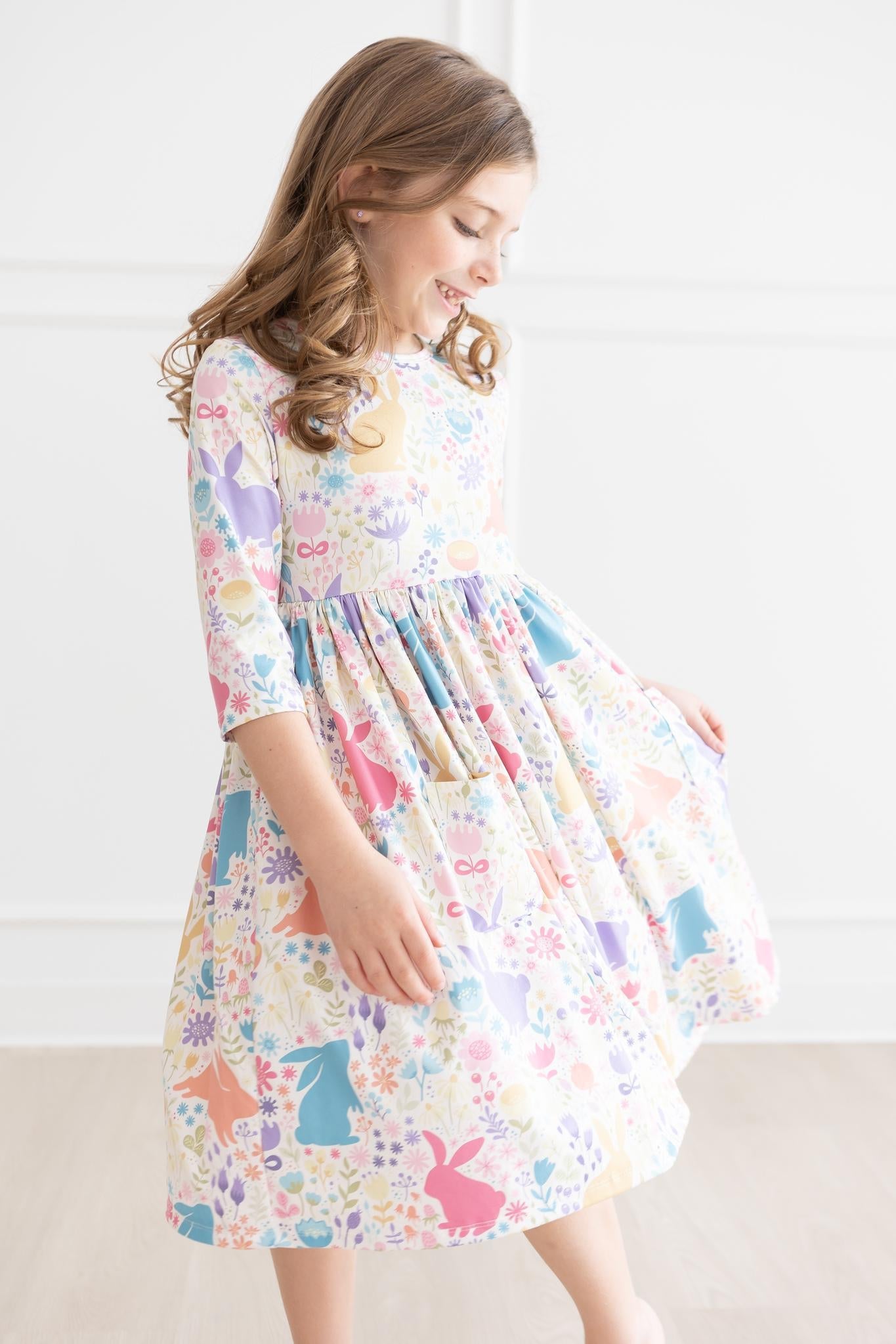 Mila & Rose Pastel Floral Bunnies 3/4 Sleeve Pocket Twirl Dress