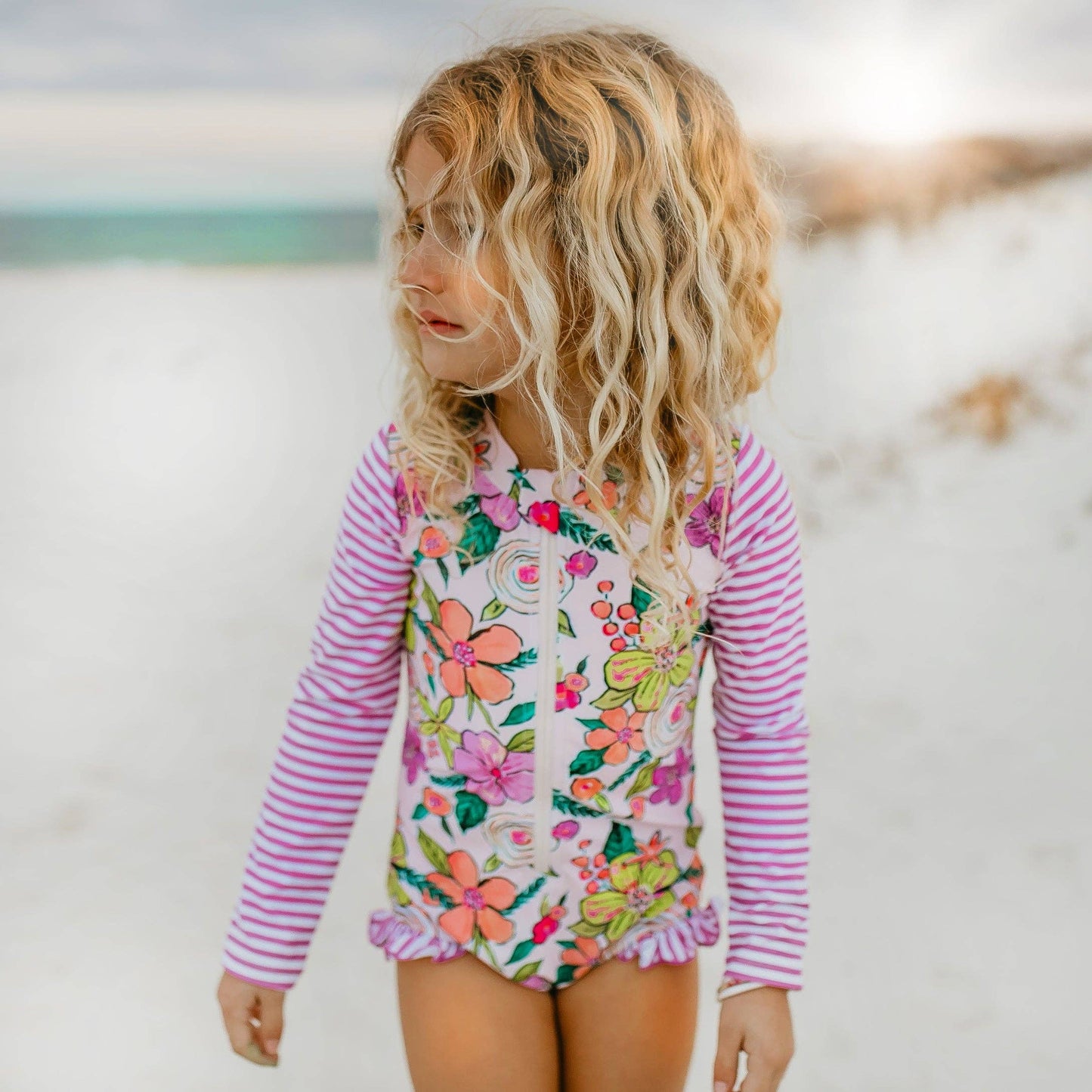 Pink Stripe Floral Zip Rash Guard One-piece Swimsuit