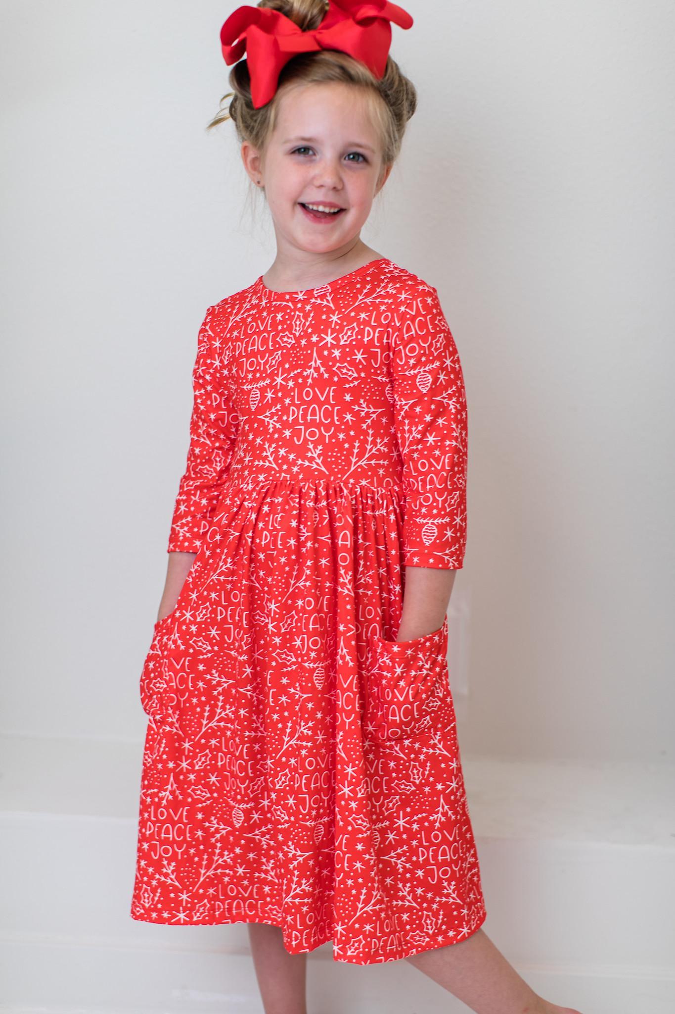 Mila & Rose Love, Peace, and Joy 3/4 Sleeve Pocket Twirl Dress