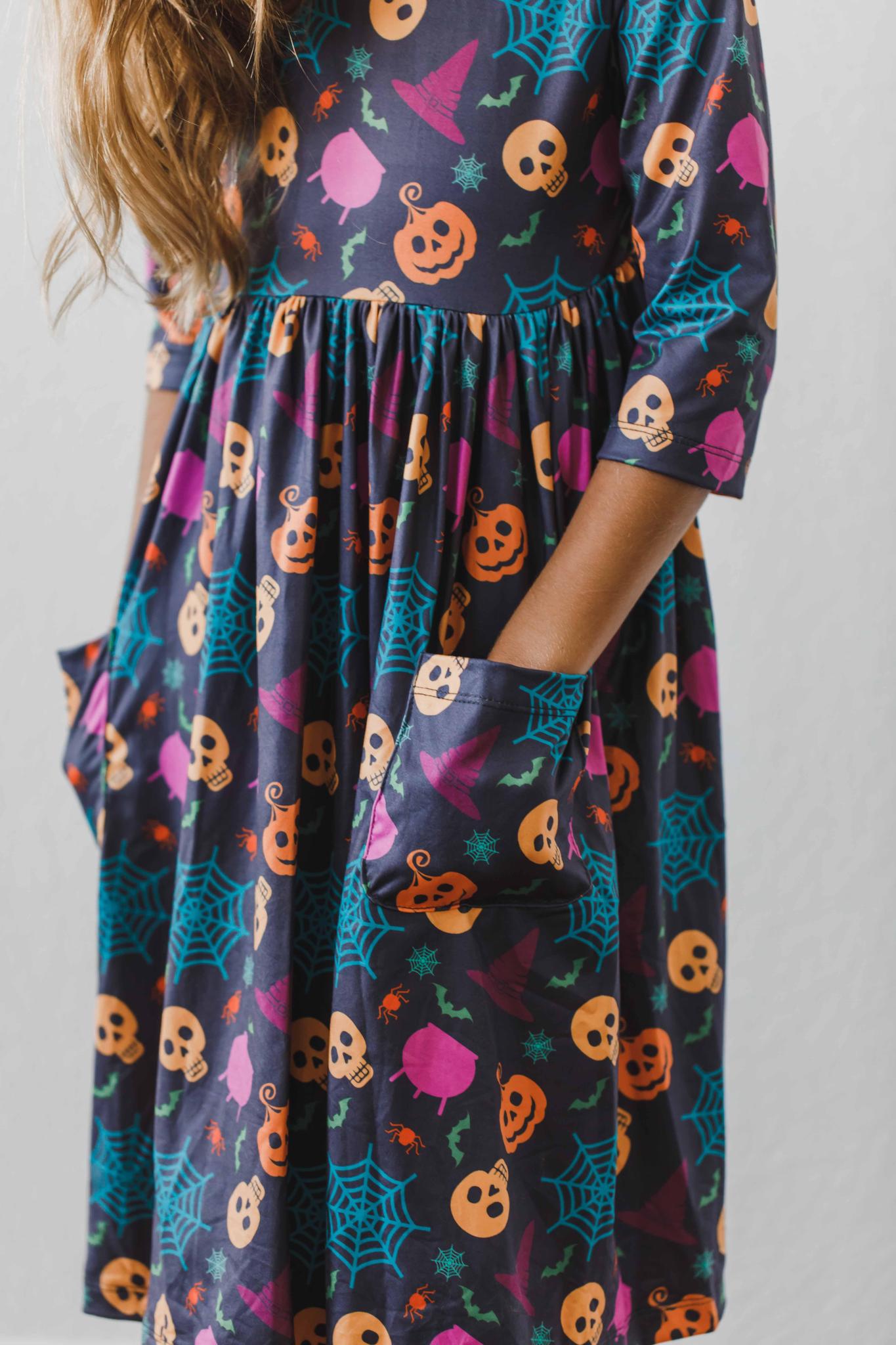 Mila & Rose Skeleton Web 3/4 Sleeve Pocket Twirl Dress