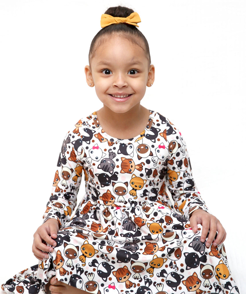 Charlie's Project Cartoon Kitties Cloud Soft Long-Sleeve Twirl Dress