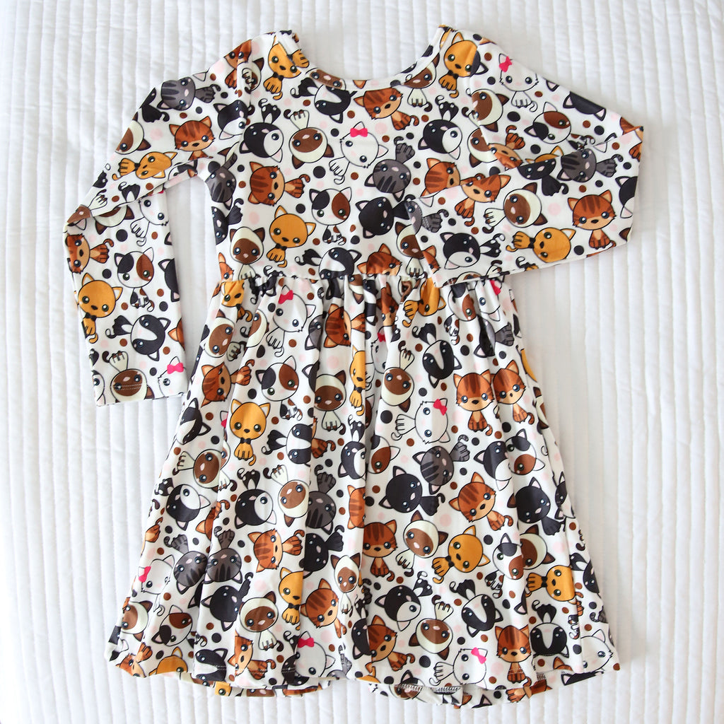 Charlie's Project Cartoon Kitties Cloud Soft Long-Sleeve Twirl Dress