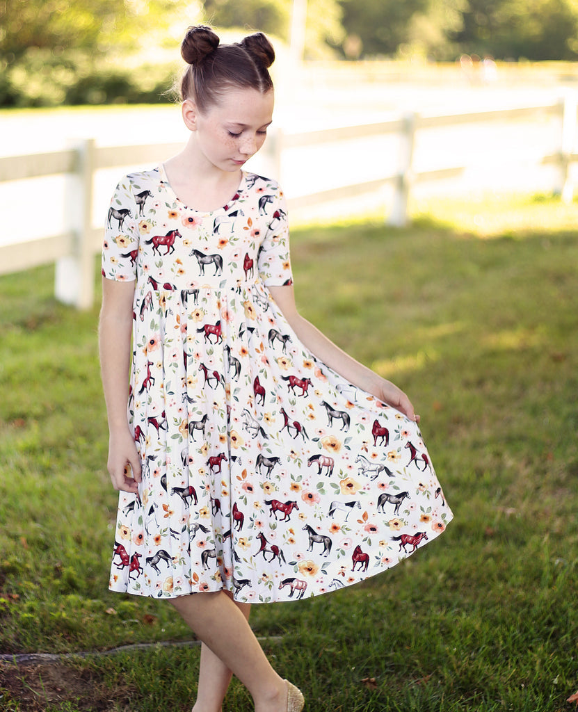 Little Snuggles Golden Horses 1/2 Sleeve Bamboo Twirl Dress