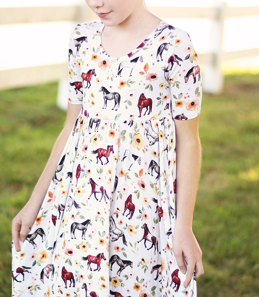 Little Snuggles Golden Horses 1/2 Sleeve Bamboo Twirl Dress