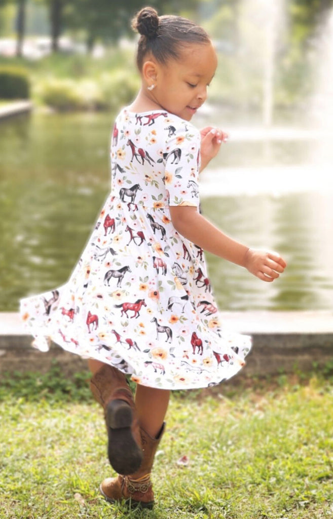 Little Snuggles Golden Horses 1/2 Sleeve Bamboo Twirl Dress