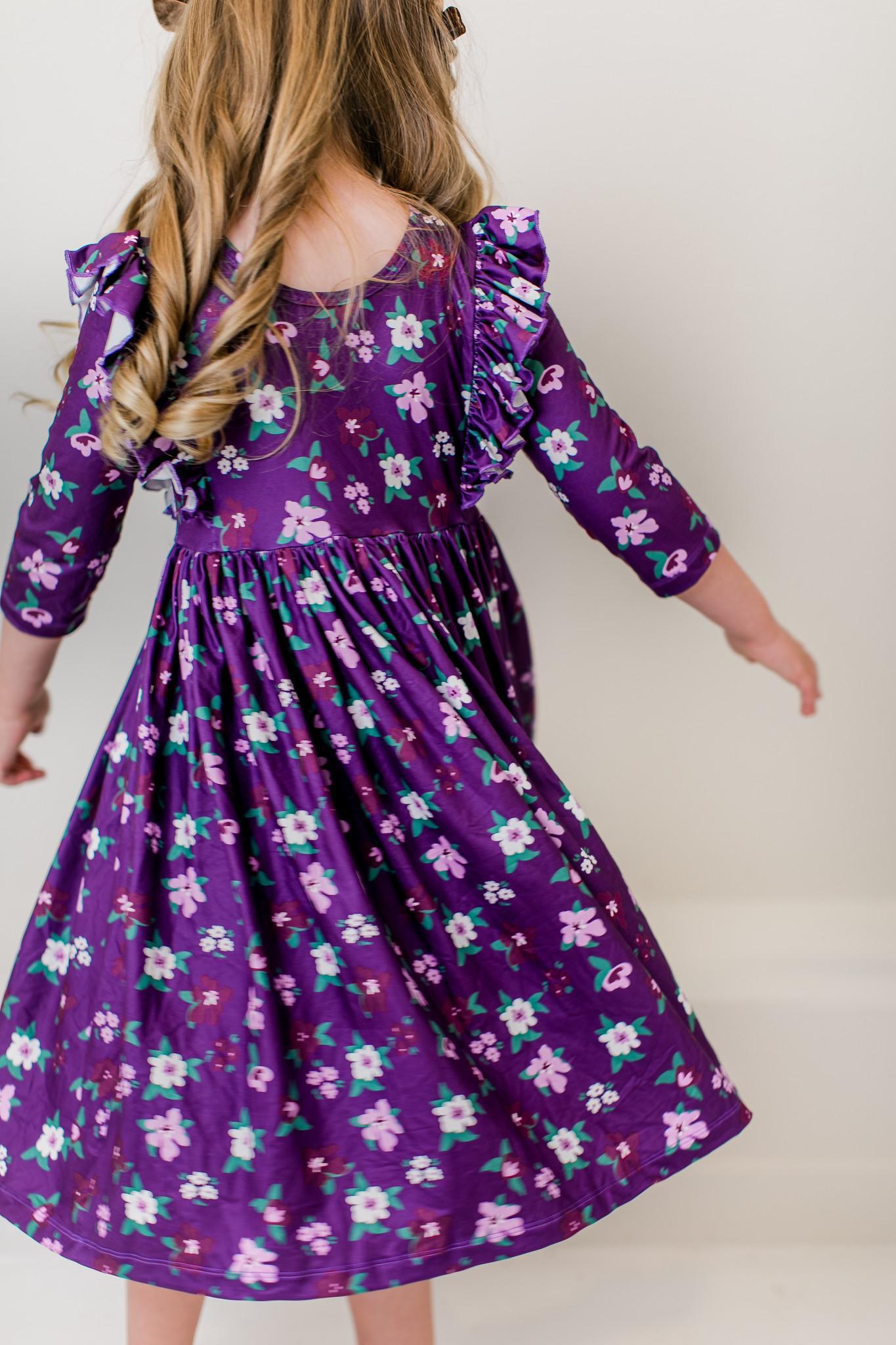Mila & Rose Violets in Bloom 3/4 Sleeve Ruffle Twirl Dress