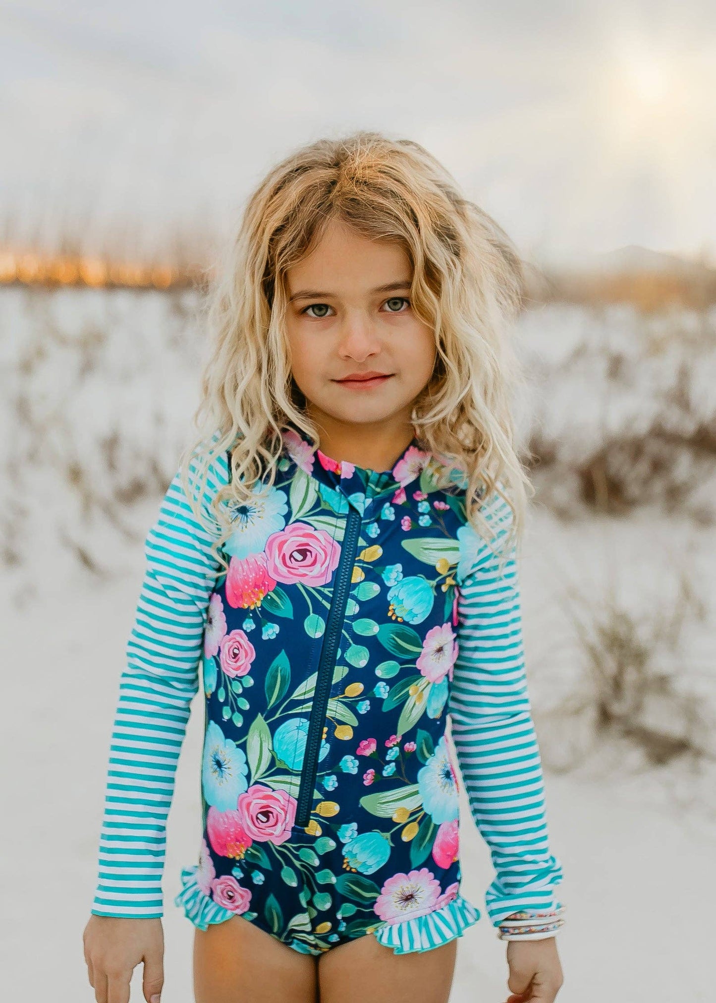 Navy Teal Stripe Floral Zip Rash Guard One-piece Swimsuit