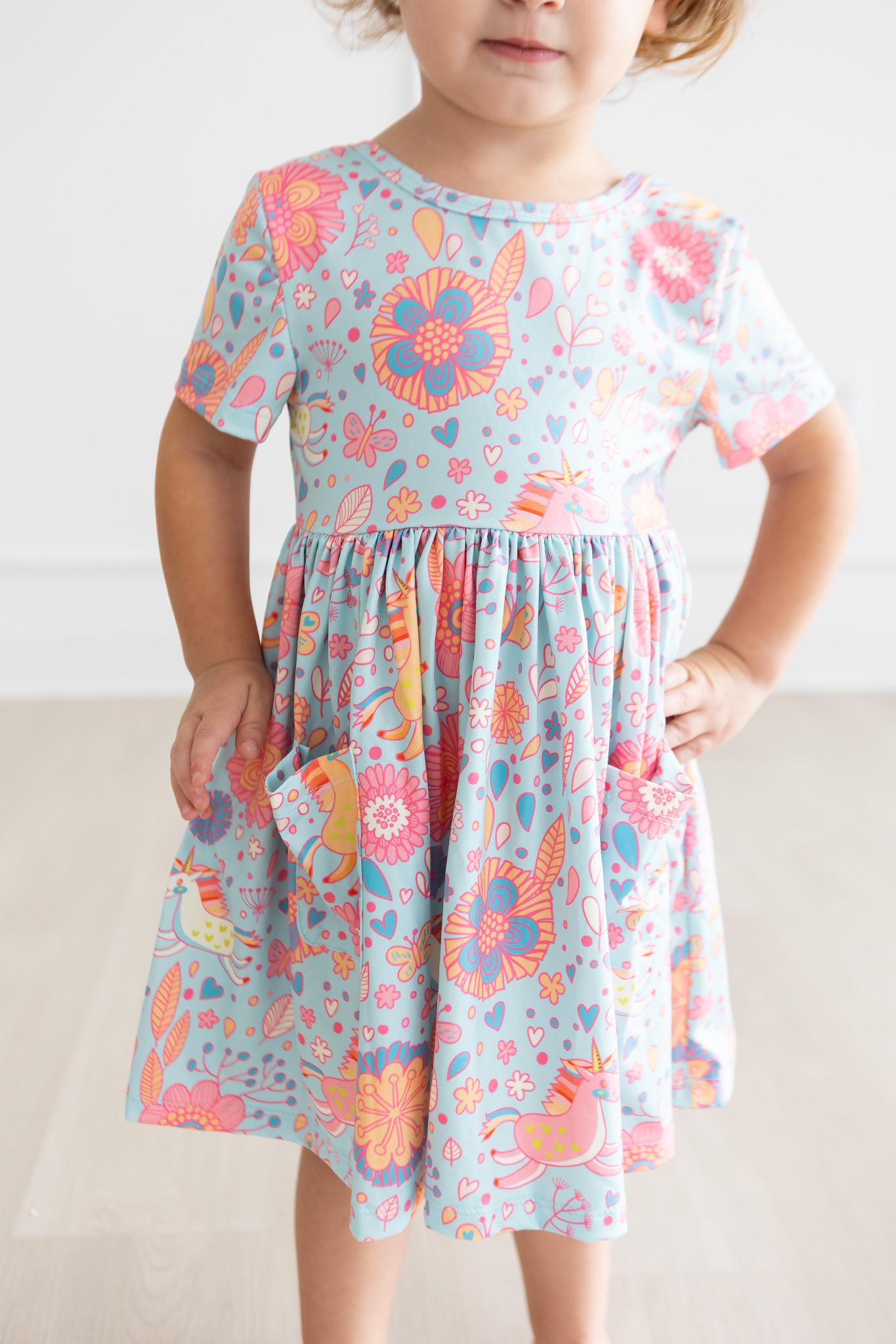 Mila & Rose Blue Retro Unicorns Short Sleeve Twirl Dress