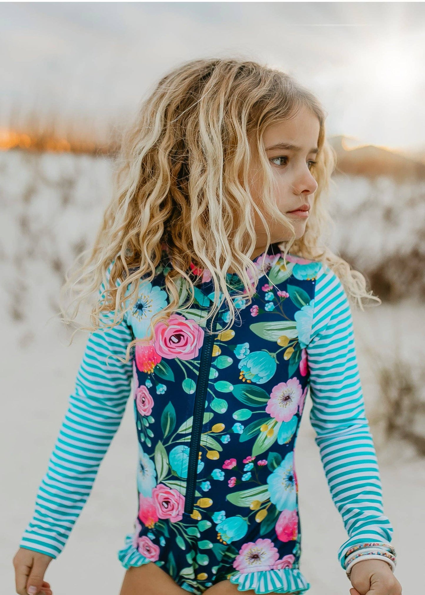 Navy Teal Stripe Floral Zip Rash Guard One-piece Swimsuit