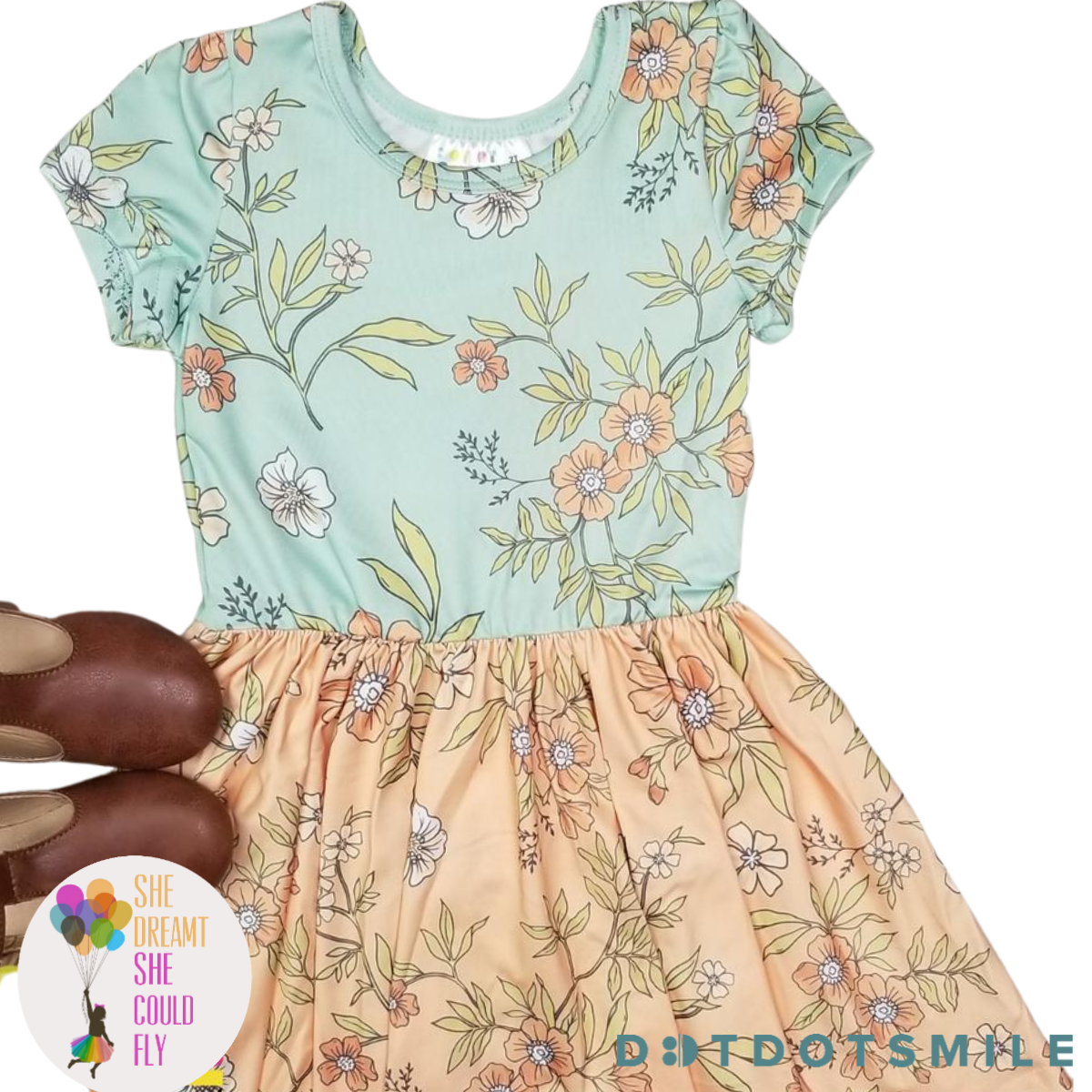 DotDotSmile Colorblock Dogwood Floral Cap Sleeve Dress