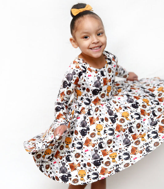 Charlie's Project Cartoon Kitties Cloud Soft Long-Sleeve Twirl Dress